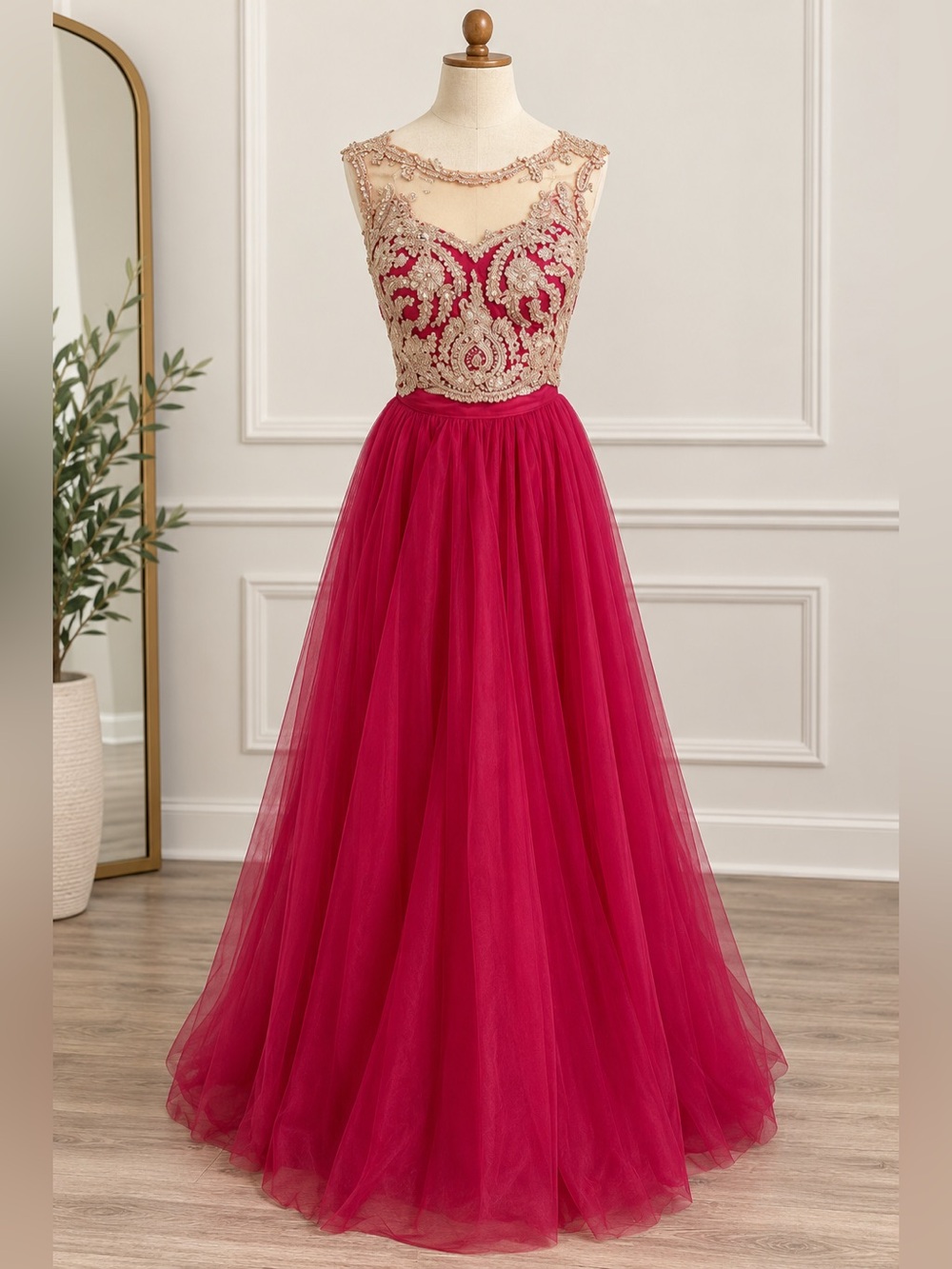 Camille La Vie Red Two-Piece Gown Size 2  Gold Tulle Formal Prom Evening